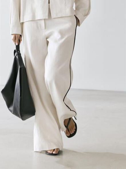 Massimo Dutti Льняные брюки с контрастной окантовкой, кремовый