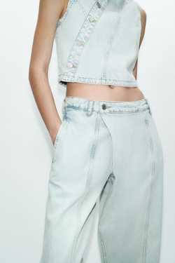 ZARA ДЖИНСЫ Z1975 С НИЗКОЙ ПОСАДКОЙ И ПЕРЕКРЕСТНЫМ ПОЯСОМ, ГОЛУБОЙ