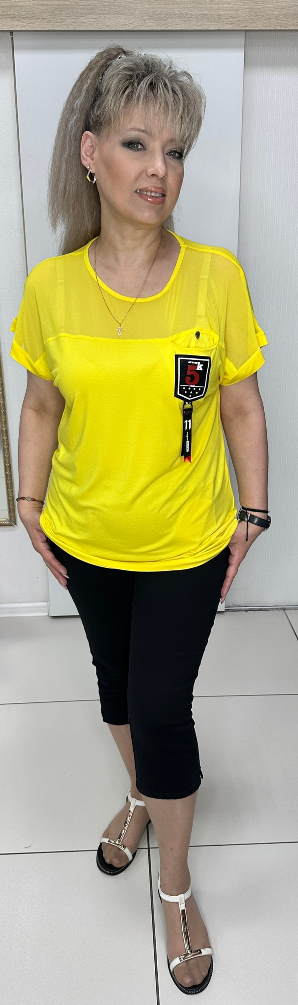 Желтый комбинированный блузон с шифоновым верхом