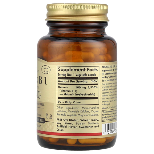 Solgar, витамин В1, 100 мг, 100 растительных капсул