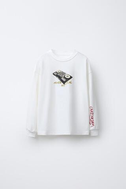 ZARA ФУТБОЛКА С ПРИНТОМ, ЖЕЛТОВАТО-БЕЛЫЙ