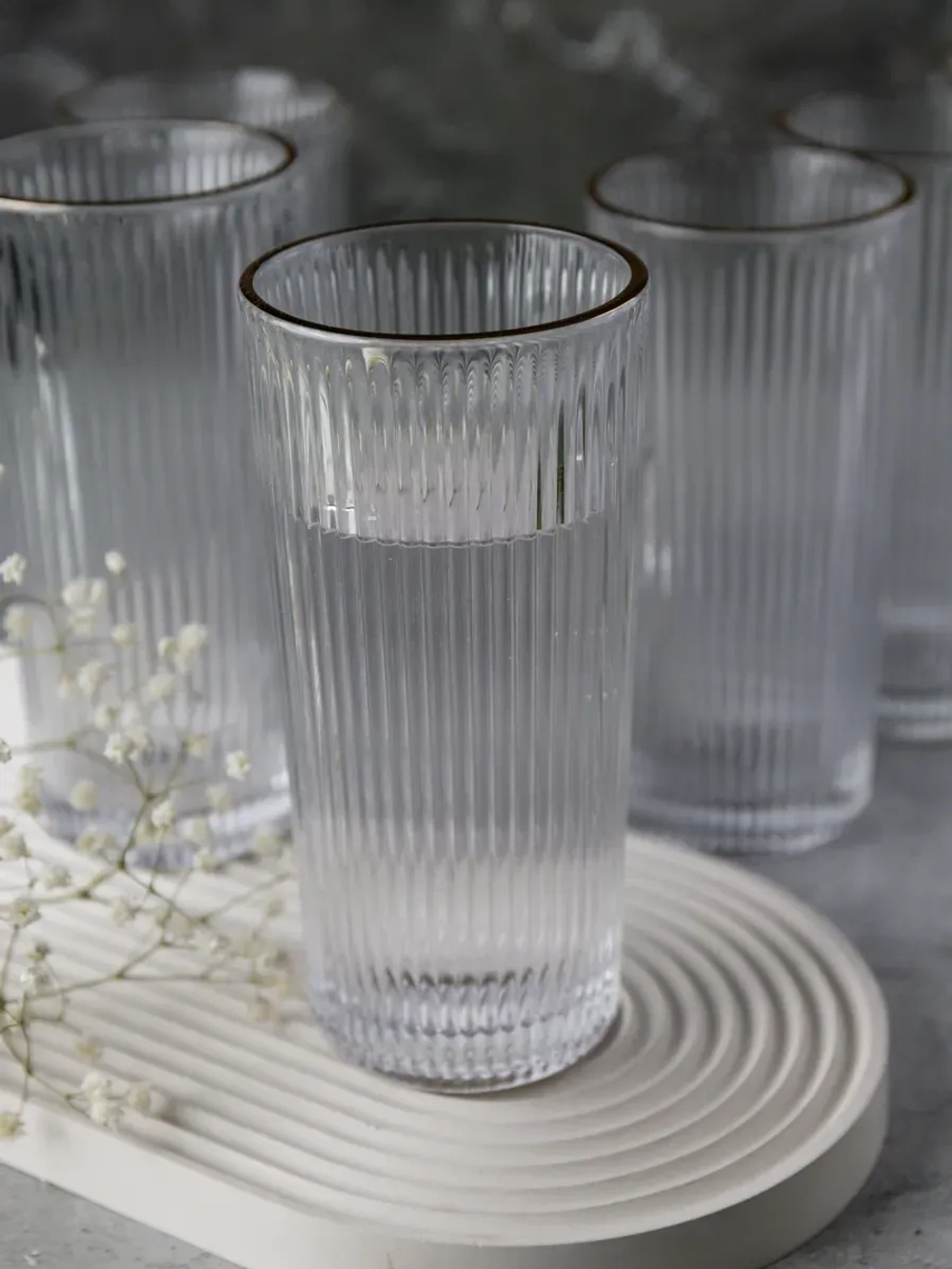 Ребристые бокалы для виски, 330 мл. 6 шт. с золотой каймой