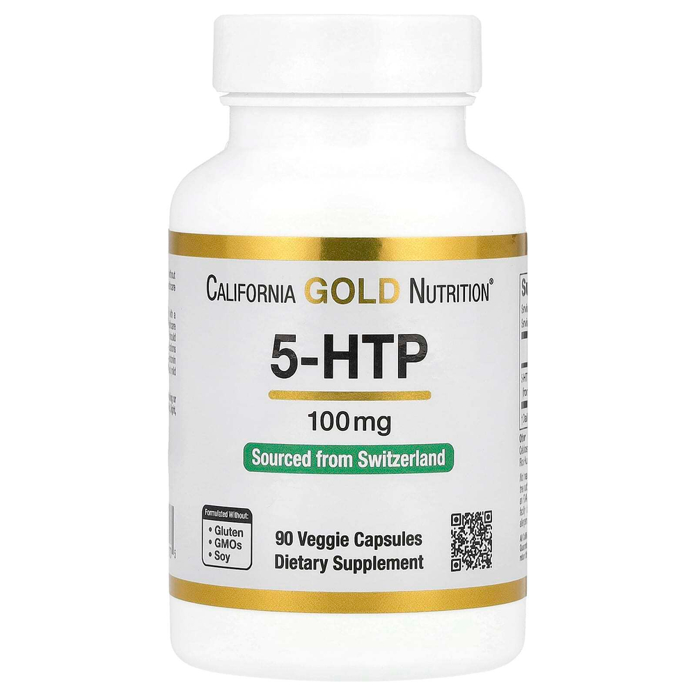 California Gold Nutrition, 5-гидрокситриптофан, поддержка хорошего настроения, экстракт семян гриффонии простолистной из Швейцарии, 100 мг, 90 вегетарианских капсул