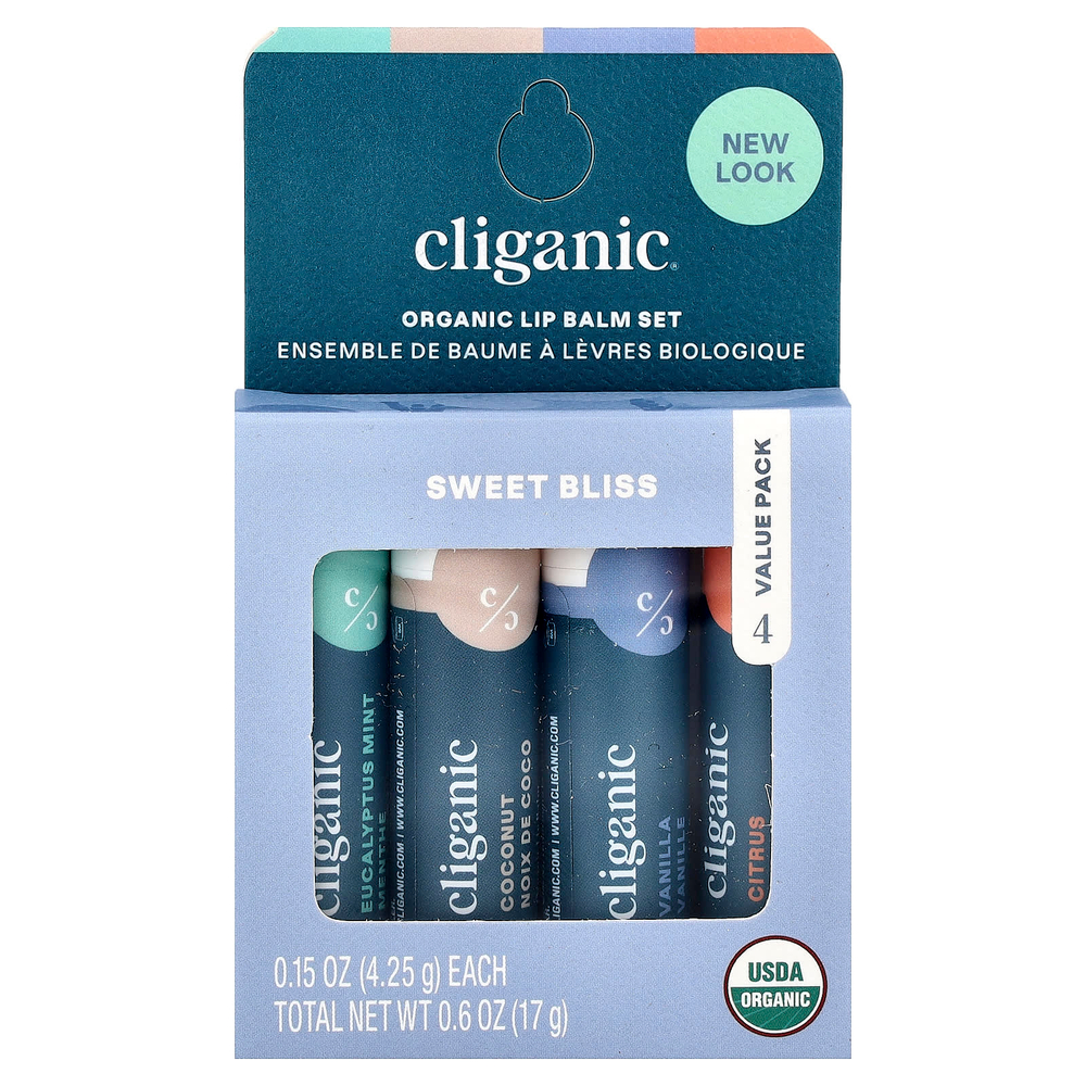 Cliganic, Набор органических бальзамов для губ, Sweet Bliss, 4 шт. В упаковке, по 4,25 г (0,15 унции)