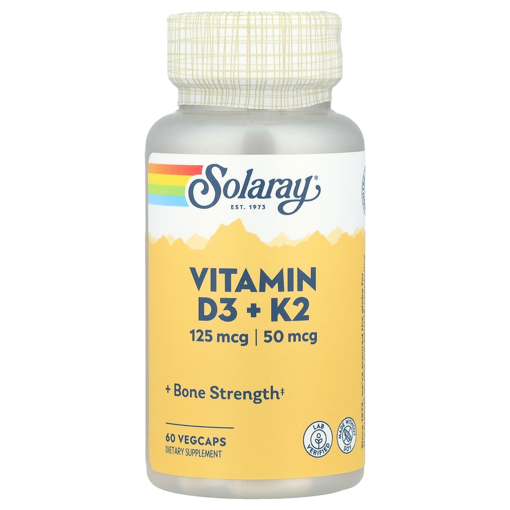 Solaray, витамины D3 и K2, без сои, 60 растительных капсул