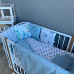 Комплект в кроватку 17 предметов "Зайка на мопеде" голубой, сатин
