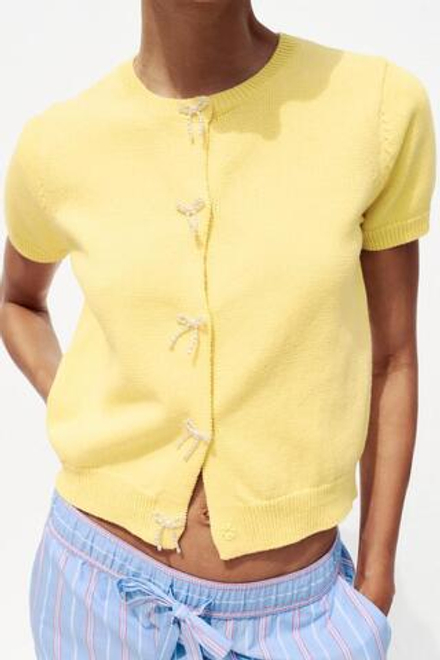ZARA ТРИКОТАЖНЫЙ КАРДИГАН С БУСИНАМИ, ЖЕЛТЫЙ