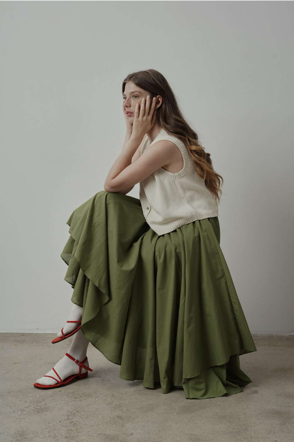 Юбка асимметричная двухслойная из пыльно-зеленого батиста ПРЕДЗАКАЗ
