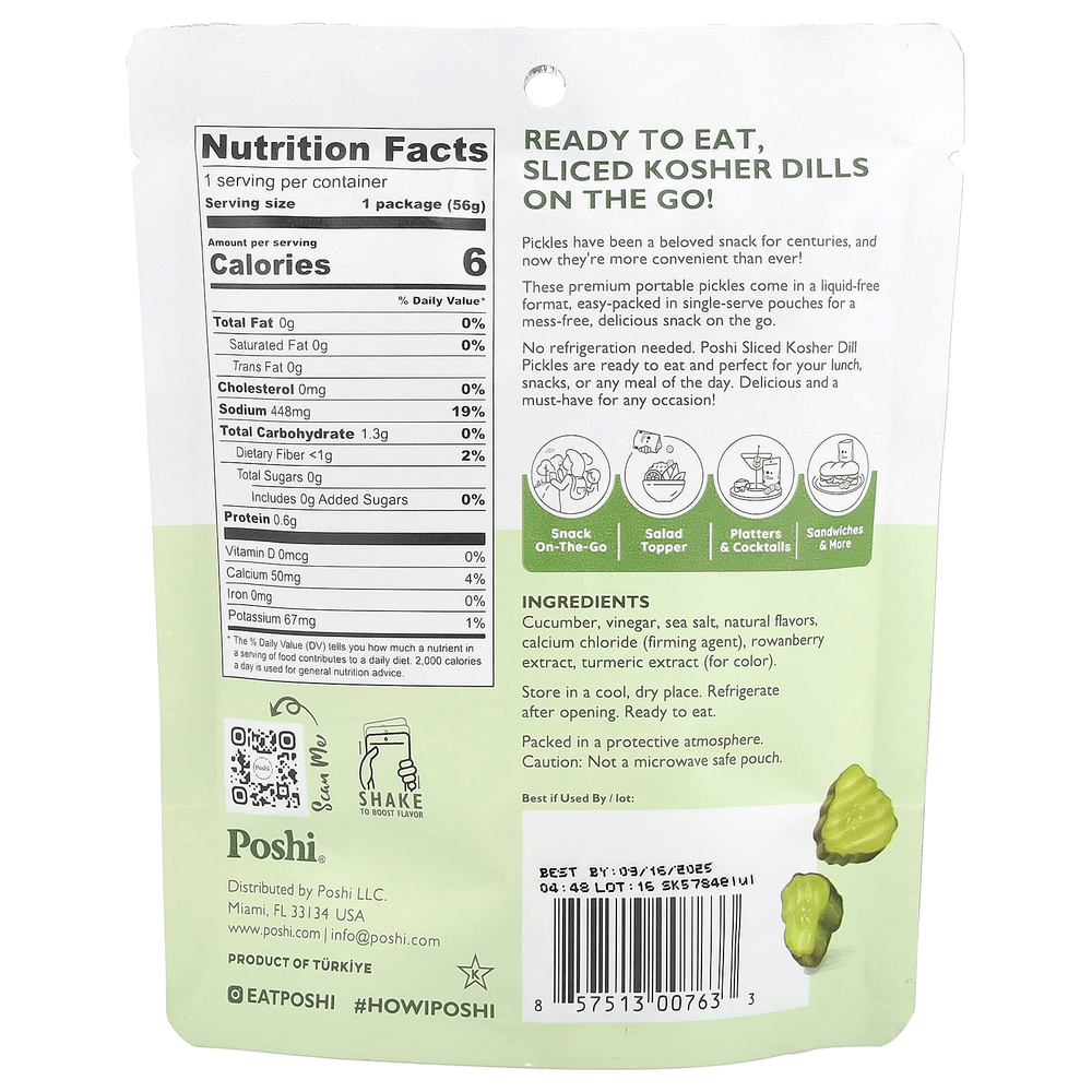 Poshi, Snacks, нарезанные кошерные маринованные с укропом премиального качества с морской солью, 56 г (2 унции)