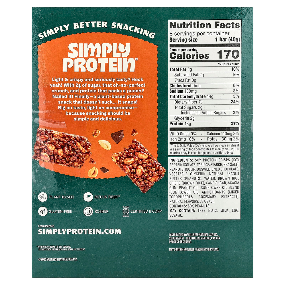 Simply Protein, хрустящие батончики-снеки, с арахисовой пастой и шоколадом, 8 батончиков по 40 г (1,41 унции)