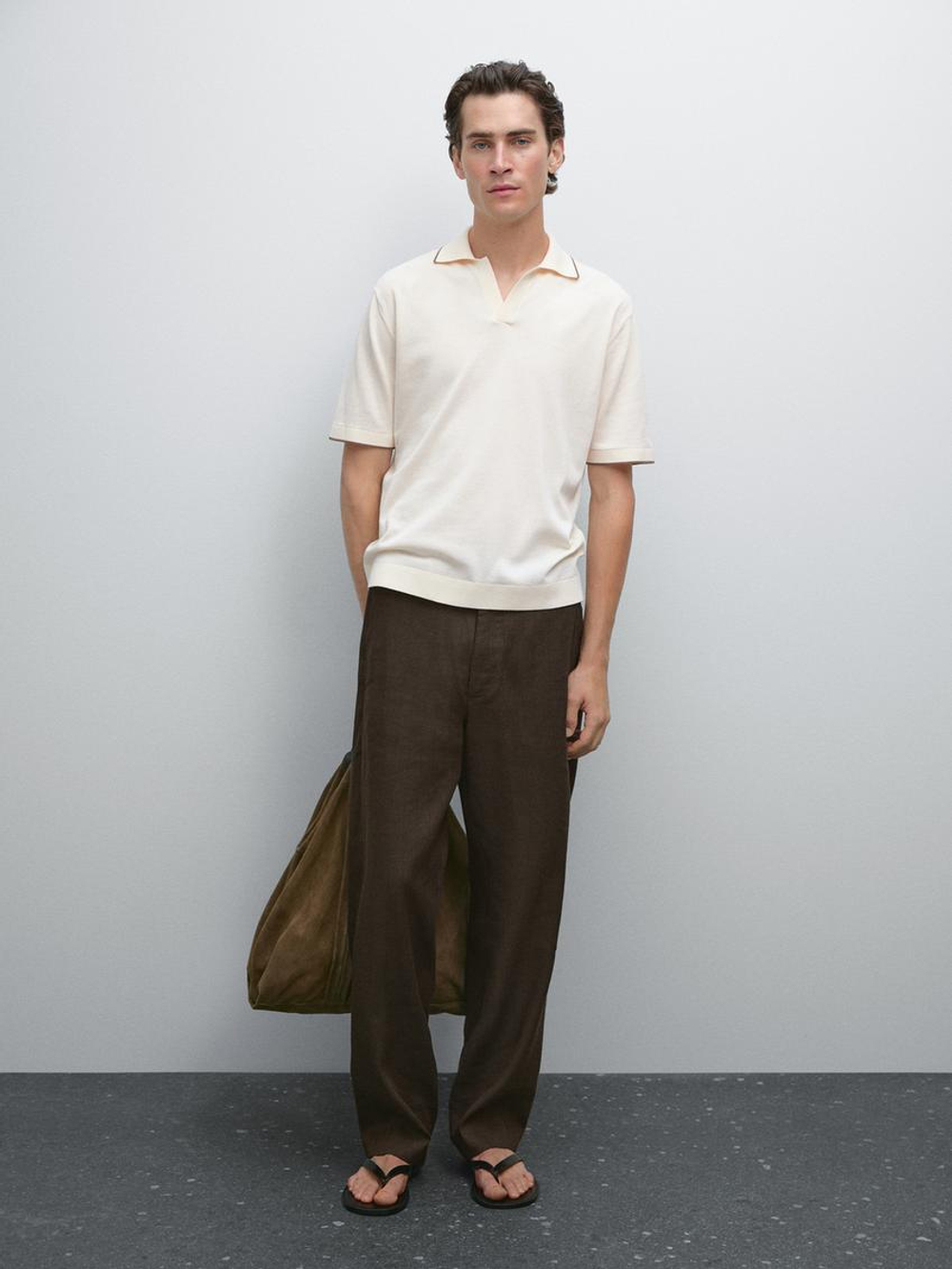 Massimo Dutti Поло с V-образным вырезом, натуральный, кремовый