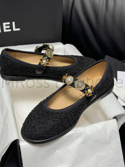 Шерстяные балетки Chanel Mary Janes черного цвета