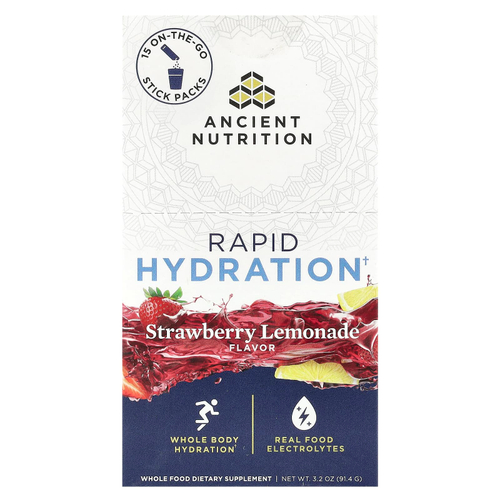 Ancient Nutrition, Rapid Hydration, клубничный лимонад, 15 упаковок в виде стиков, по 6,1 г (0,2 унции)