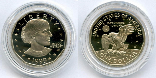 1 доллар 1999 (P). США. Сьюзен Энтони. Медь с медно-никелевым покрытием PROOF в родной коробке с сертификатом