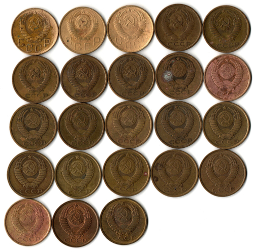 Набор 5 копеек СССР (23 монеты) 1946, 49, 56, 61, 62, 74, 76-90, 91Л, 91М