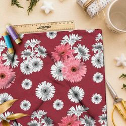 Ткань шелк Армани разноцветные хризантемы на красном фоне