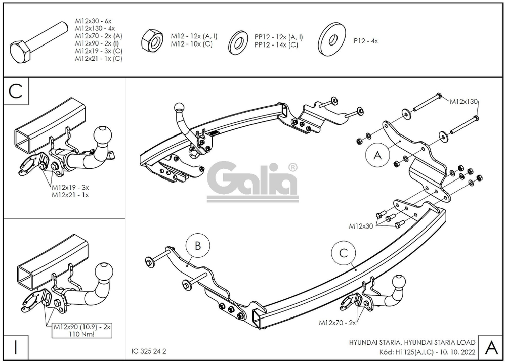 Оцинкованный фаркоп на Hyundai Staria 2021- (без электрики), Galia H112C