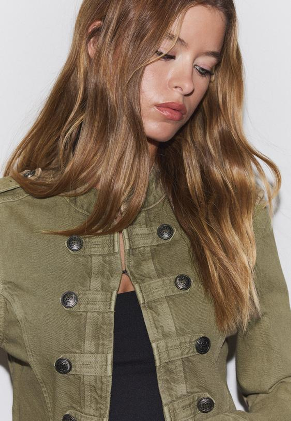STRADIVARIUS ТВИЛОВАЯ КУРТКА С ПУГОВИЦАМИ, ХАКИ