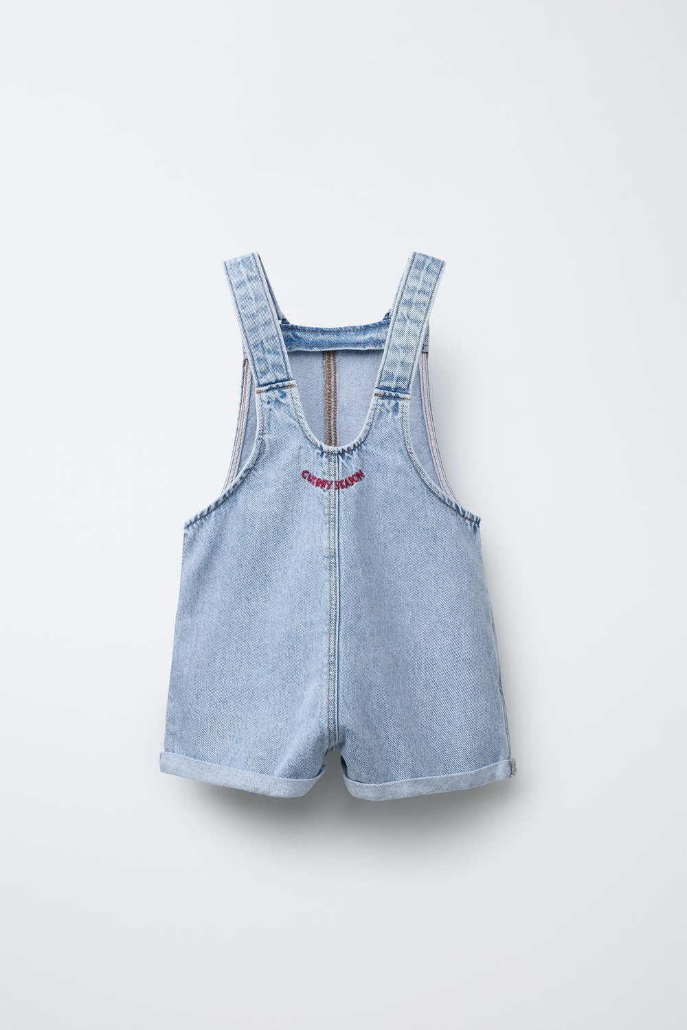 ZARA ДЖИНСОВЫЙ КОМБИНЕЗОН С ВЫШИВКОЙ «ВИШНЯ», ГОЛУБОЙ