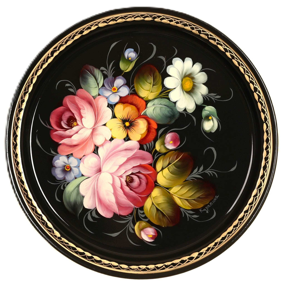 Жостовский поднос декоративный, размер 22 см (A5), металлический