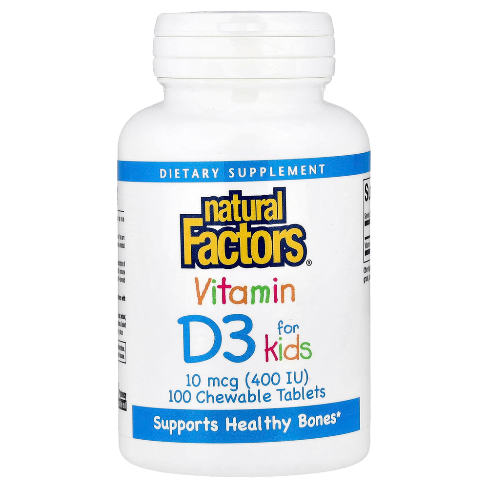 Natural Factors, витамин D3 для детей, клубничный вкус, 10 мкг (400 МЕ), 100 жевательных таблеток