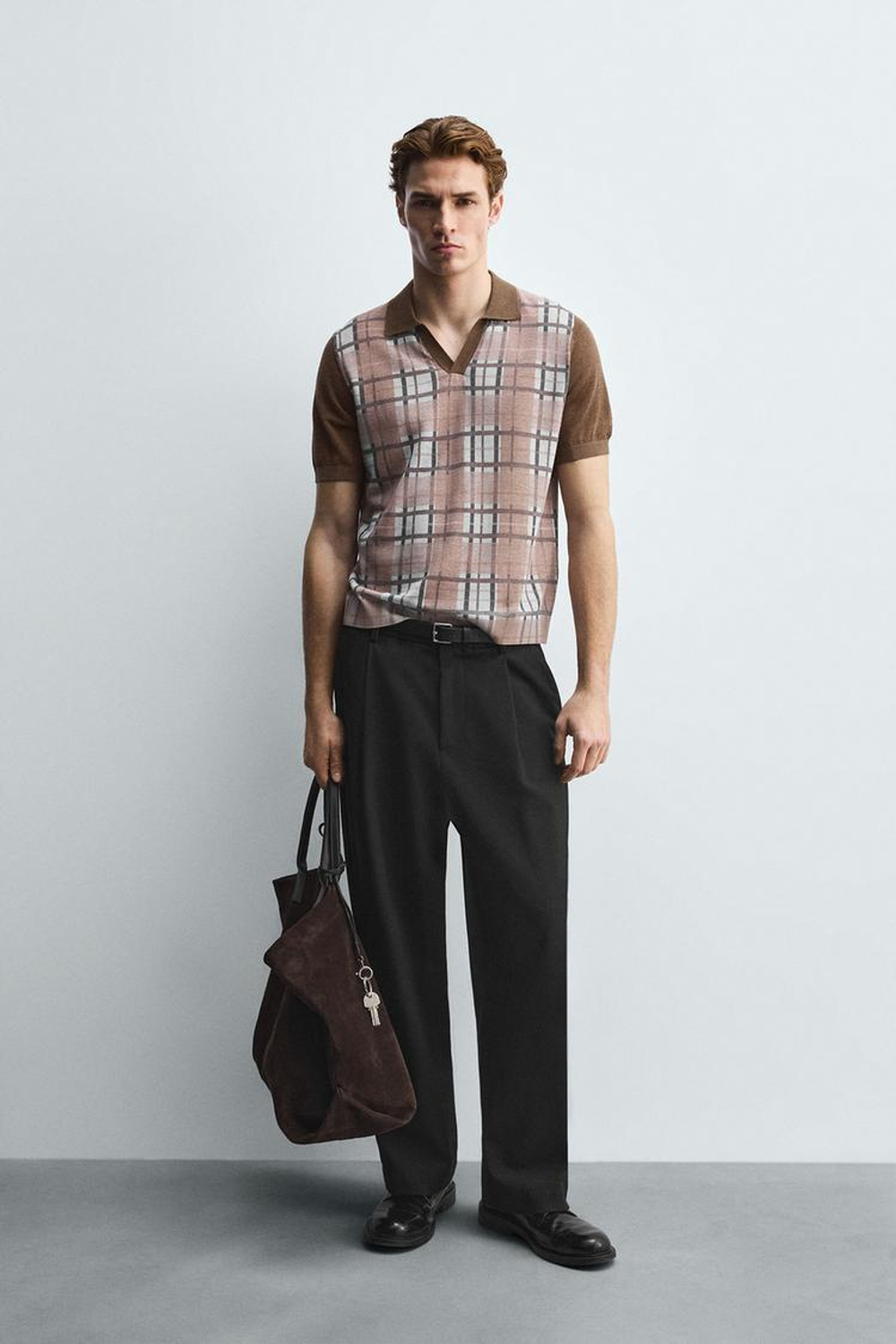 ZARA ТРИКОТАЖНОЕ ПОЛО В КЛЕТКУ С ПРИНТОМ, ТЕМНО-БЕЖЕВЫЙ