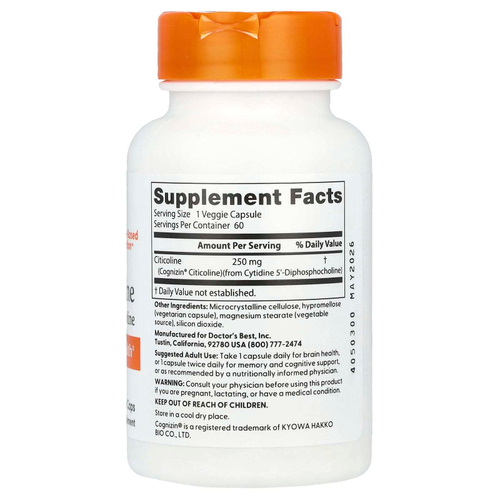 Doctor's Best, Цитиколин, 250 мг, 60 растительных капсул