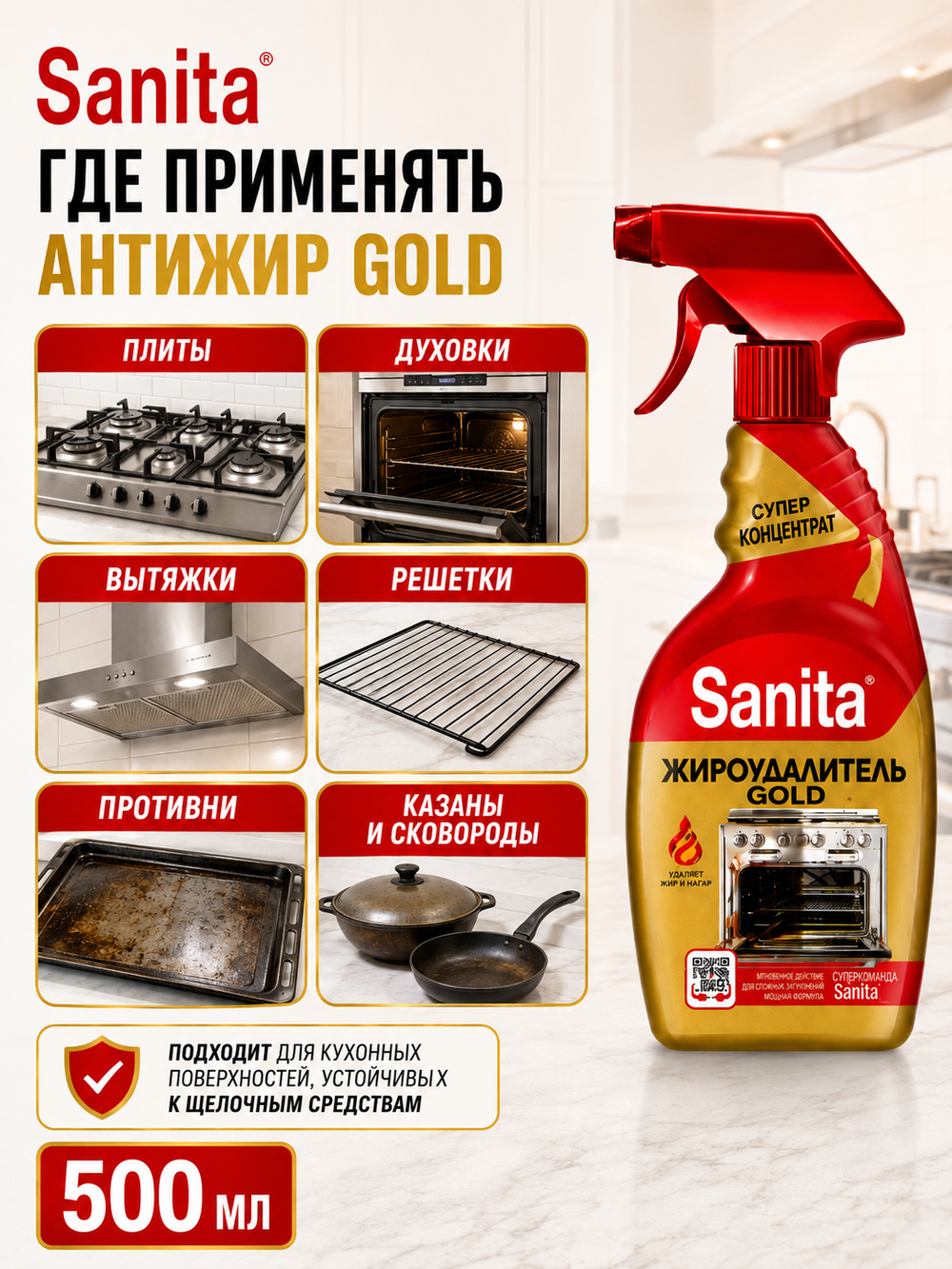 Чистящее средство мгновенного действия Sanita Антижир GOLD 500мл