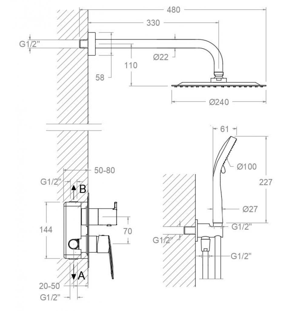 Встраиваемый смеситель для душа на 2 выхода с тропическим и ручным душем CIVIC K5115021 С ВНУТРЕННЕЙ ЧАСТЬЮ