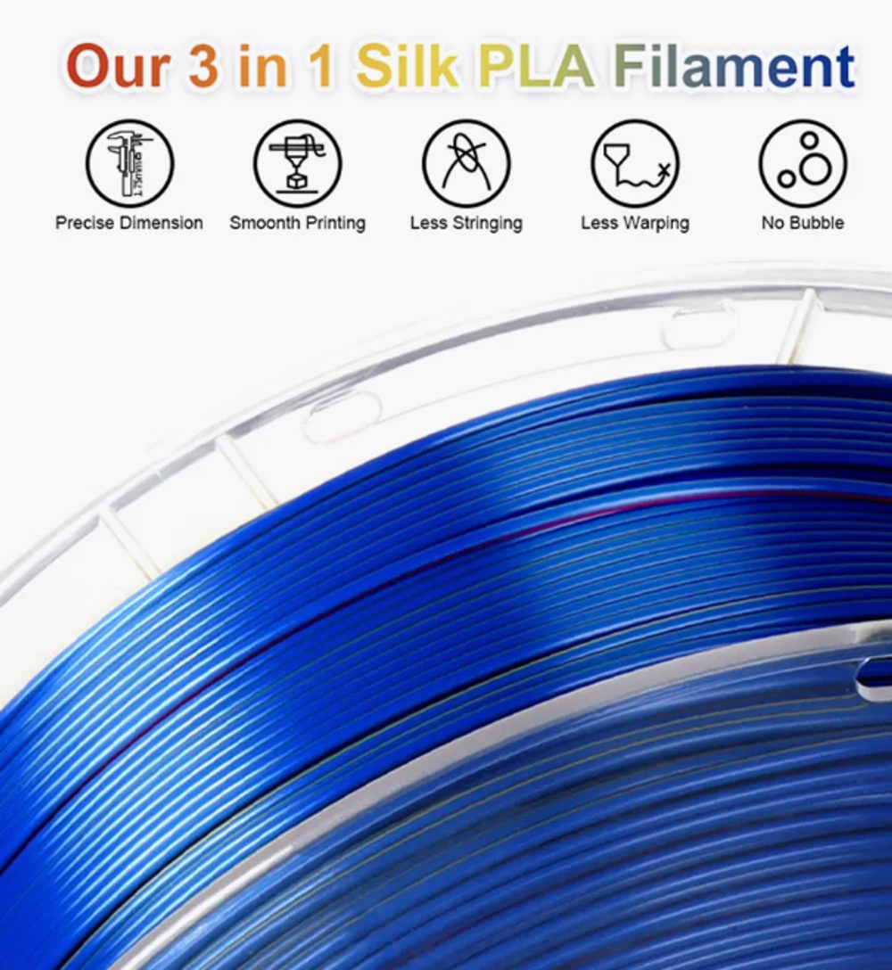 Трехцветный пластик PLA Silk Tri-Color 1.75 мм 1 кг (фиолетовый, оранжевый, бирюзовый)