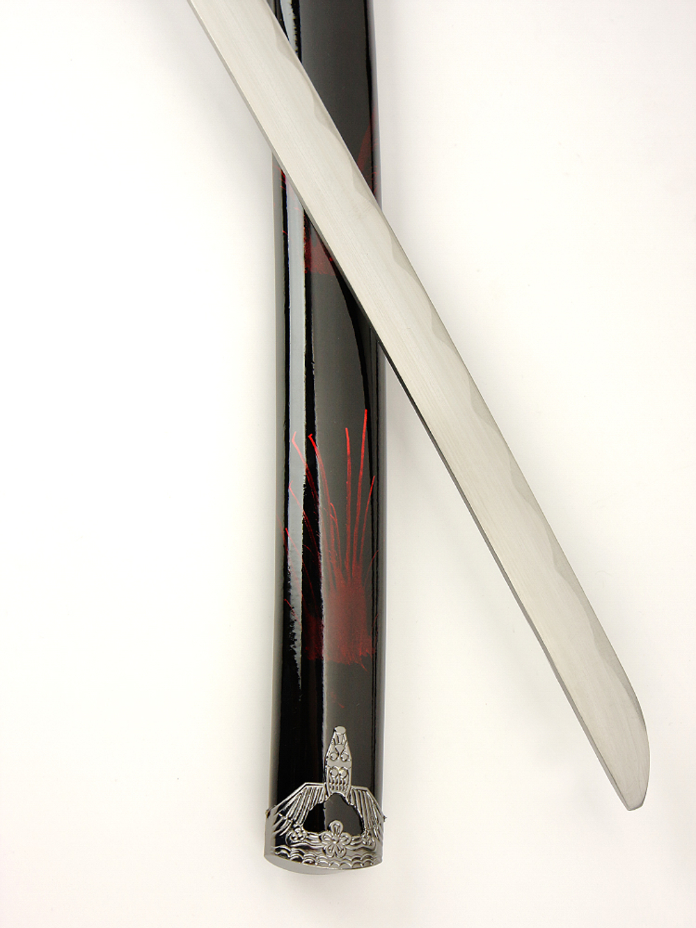 Набор самурайских мечей (катана и вакизаси) на подставке, ножны бордово-черный мрамор, цуба серебро