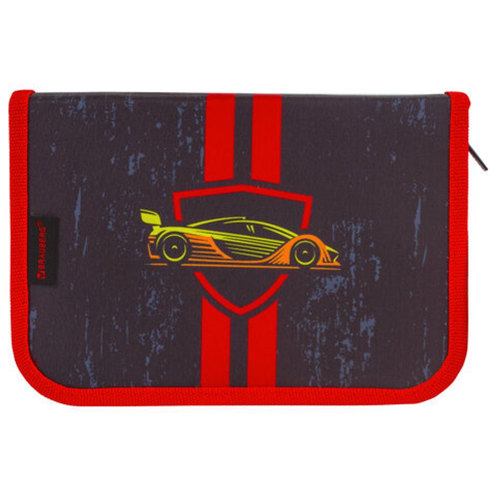 Пенал BRAUBERG с наполнением, 1 отделение, откидная планка, 24 предмета, 21x14 см, "Yellow car", 229292