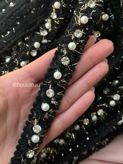 Тесьма черная со стразами и жемчугом плетеная