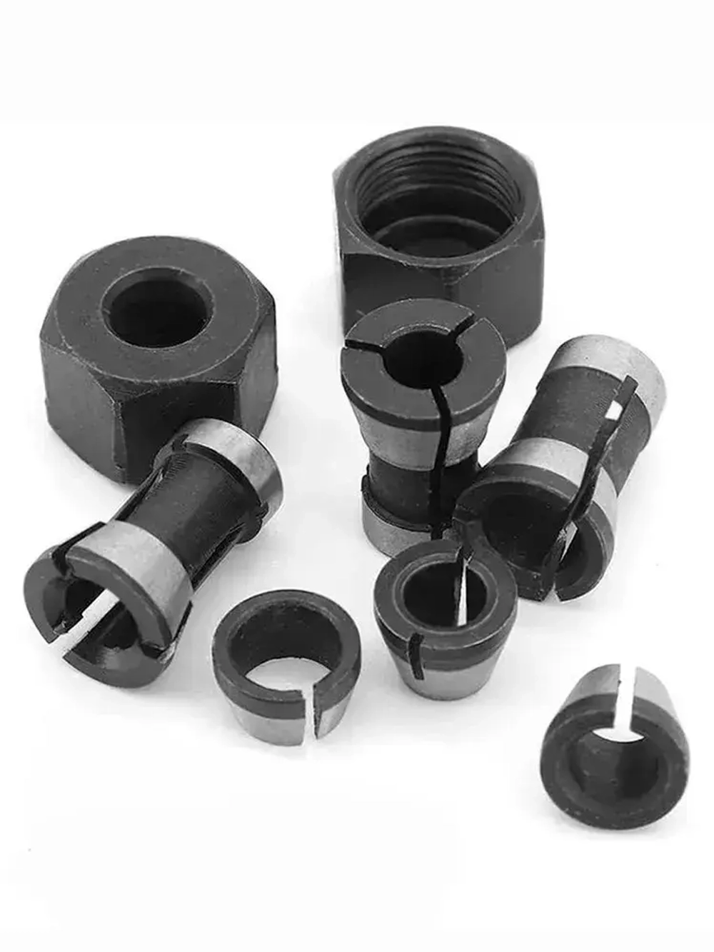 Цанга для фрезера 6 мм; 6,35 мм; 8 мм. Набор 6 цанг, 2 гайки.