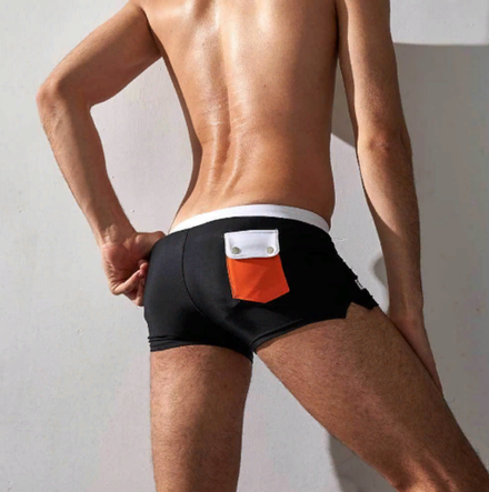 Мужские плавки черные с белой резинкой оранжевым карманом сзади Aqux