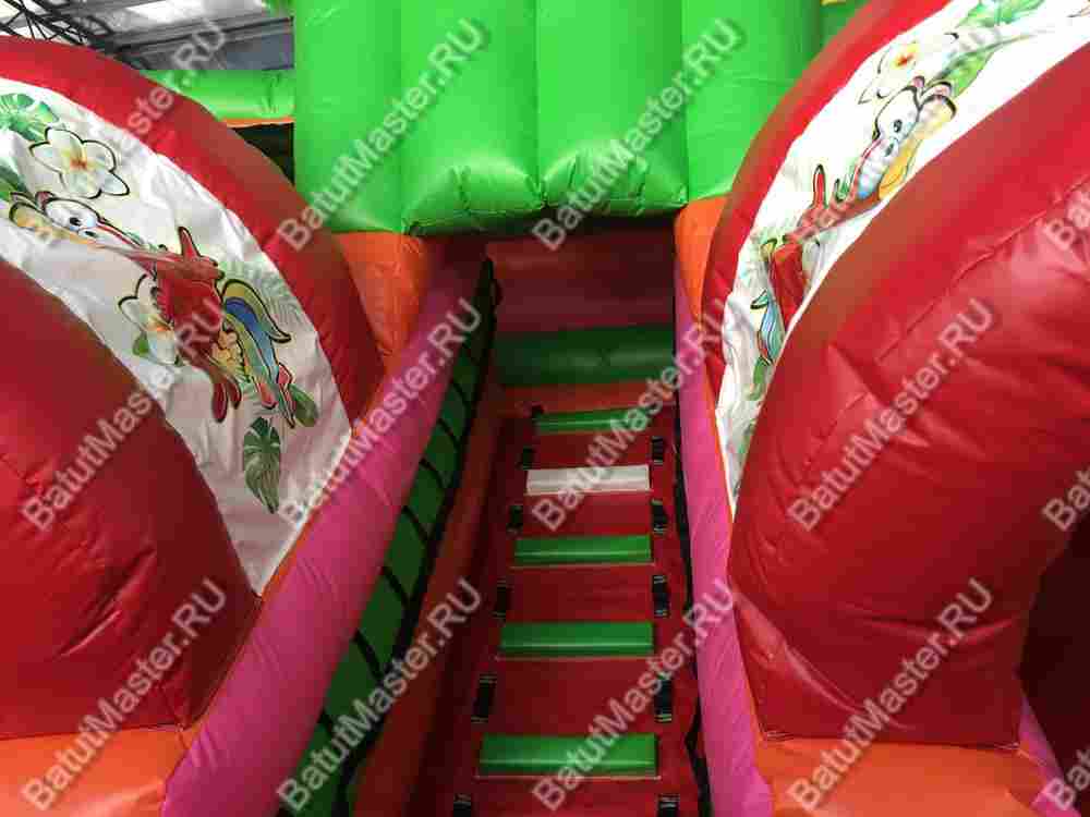 Детский надувной батут-горка "Слоник в джунглях" с окнами по бокам и птичками, 7*5*6 м