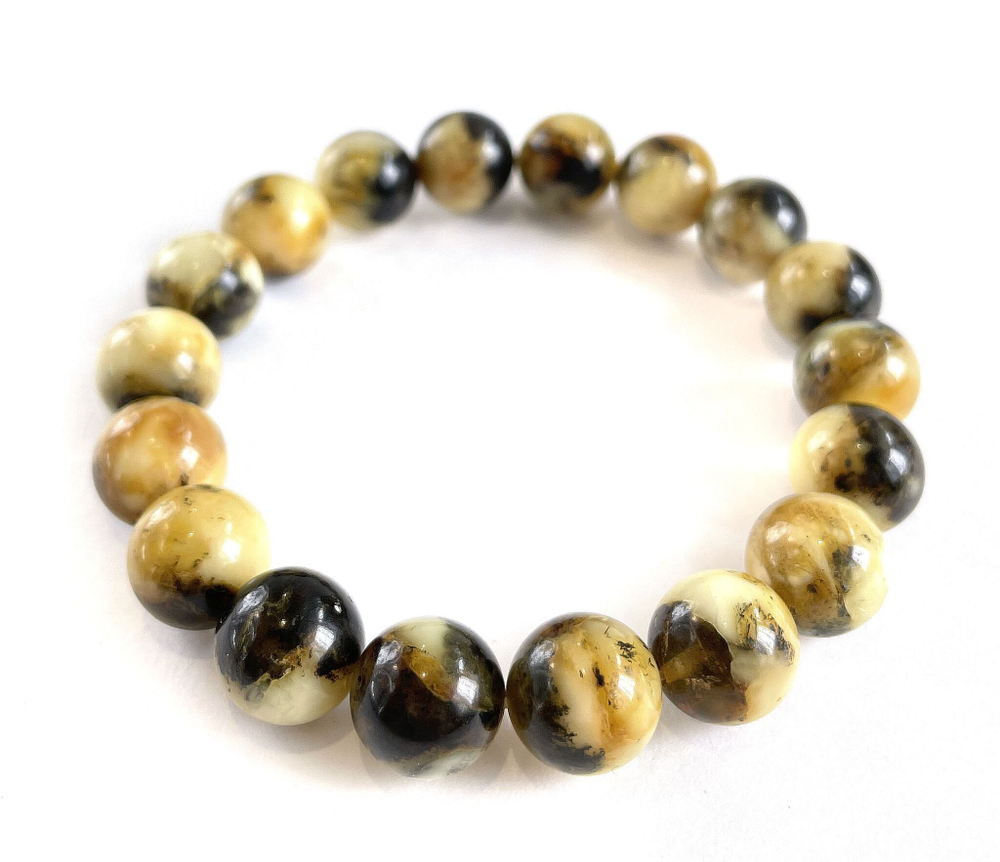 Браслет из янтаря натуральный, бусины 10 мм. Янтарь натуральный камень, белый пейзажный