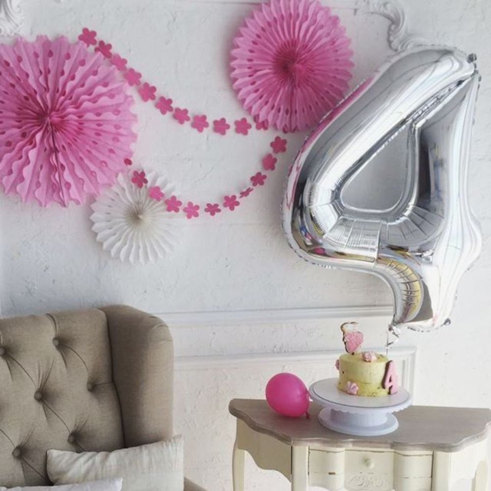 Шар (40"/102 см) Цифра, 4, Серебро, в упаковке