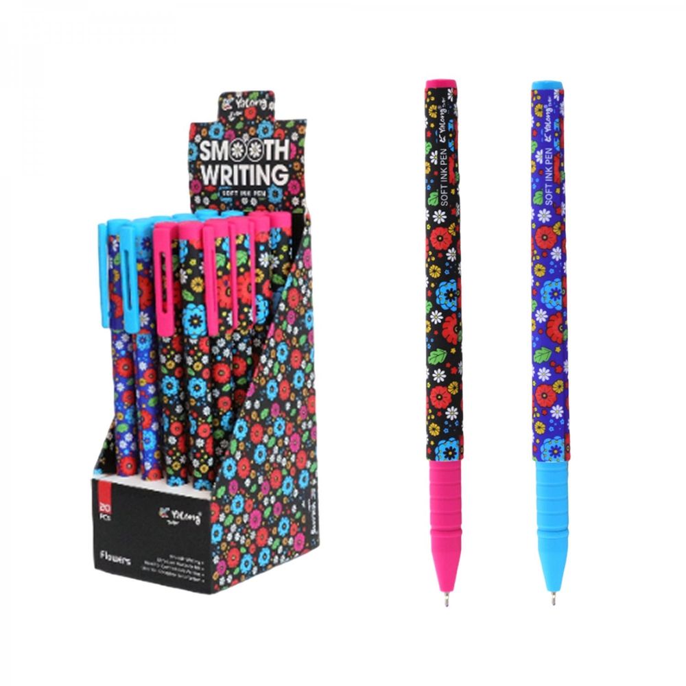 Ручка шариковая Yalong, на масляной основе, "Цветочный микс", 0,7 мм, синяя, игольчатый наконечник, цветной пластиковый корус, карт. уп