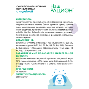 Сухой полнорационный корм Наш рацион для взрослых собак с индейкой