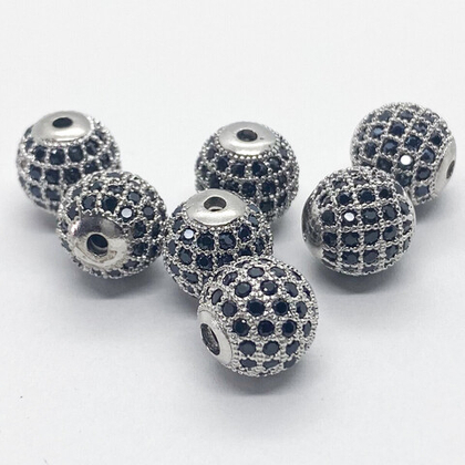 Бусина Milano LUX, цвет серебро (родий), черные фианиты, диаметр 10 мм, цена за 1 шт