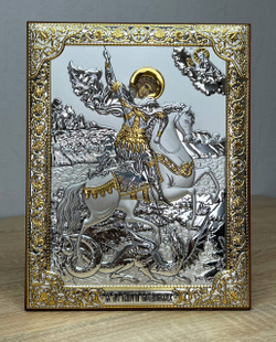 Георгий Победоносец, икона прямоугольная без рамки, красное дерево 175х225