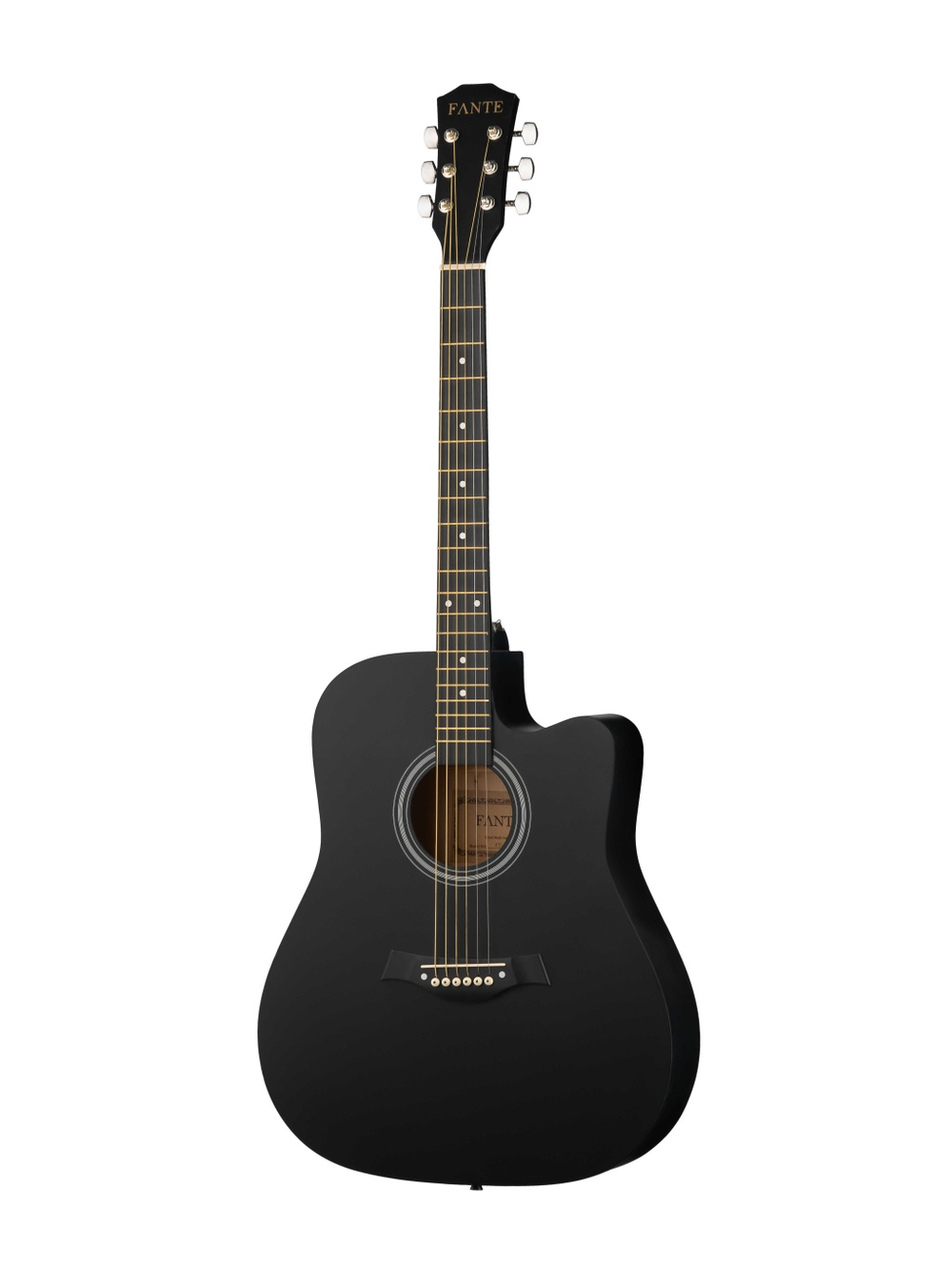 Fante FT-221-BK Акустическая гитара 41", дредноут, с вырезом. Верхняя дека: липа. Задняя дека и обечайка: липа. Цвет: черный.