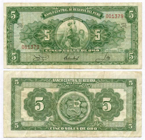 Банкнота Перу 5 соль де оро 1966 год J112 001379. VF