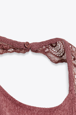 ZARA ТЕКСТУРИРОВАННЫЙ ТОП-ХАЛТЕР С КРУЖЕВОМ, ТЕМНО-РОЗОВЫЙ