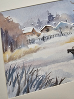 Картина авторская акварельная в паспарту 30х40 см на стену для интерьера "Зима в селе"