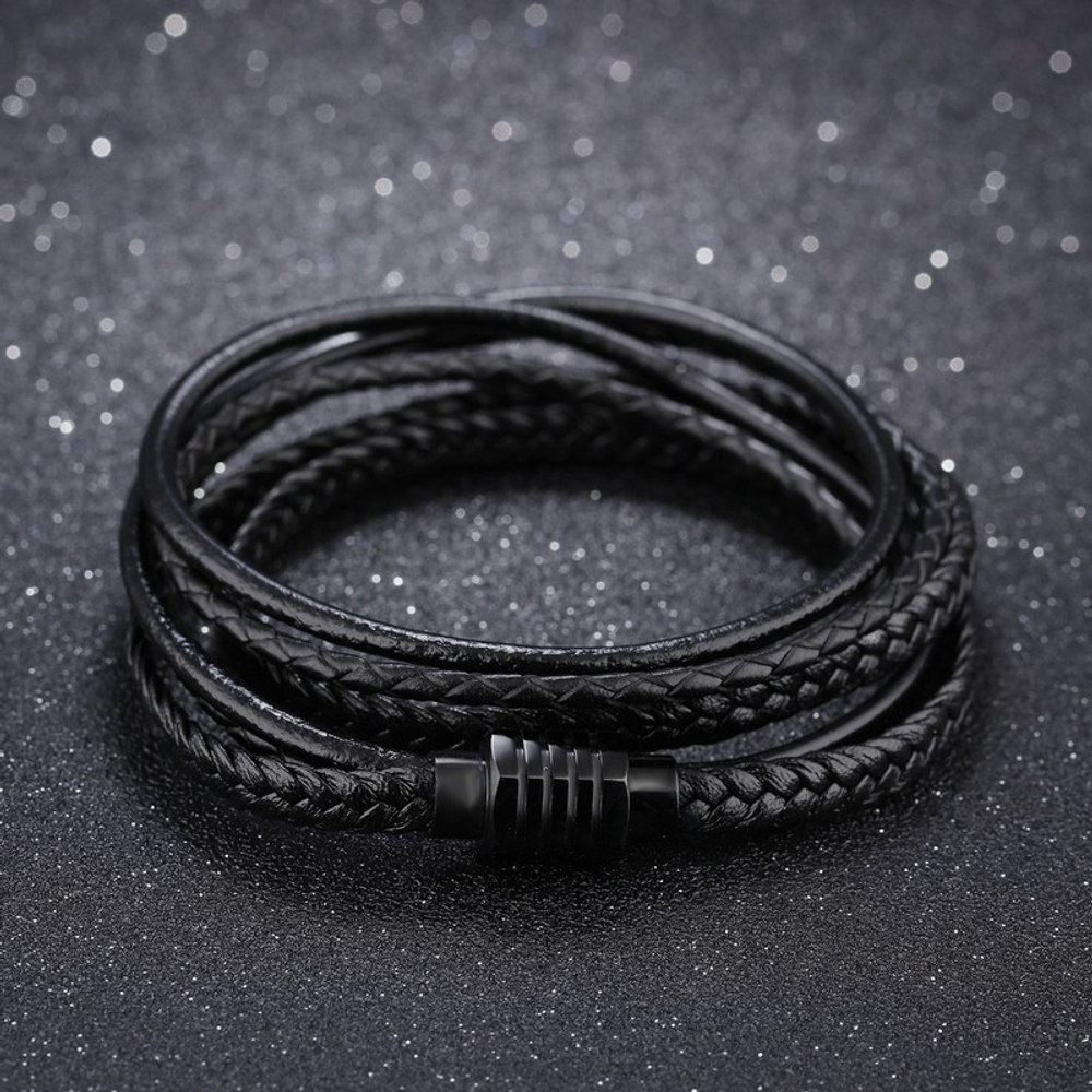Модный стильный мужской чёрный браслет намотка на два оборота 6в1 из плетёной кожи с чёрным магнитным замком Steelman 96252