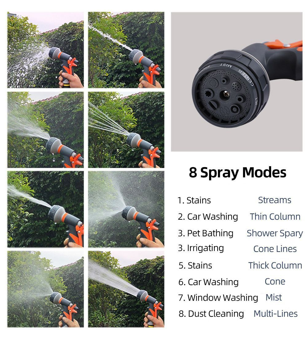 Садовый шланг для полива, растягивающийся, латунные разъемы, с пистолетом, красный