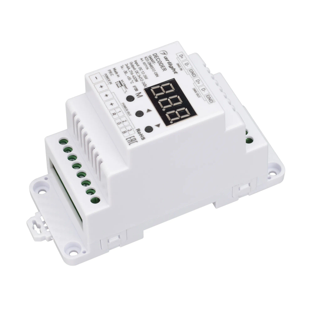 Декодер SMART-K23-DMX512-DIN (12-24V, 3x6A) (Arlight, IP20 Пластик, 5 лет) 027126