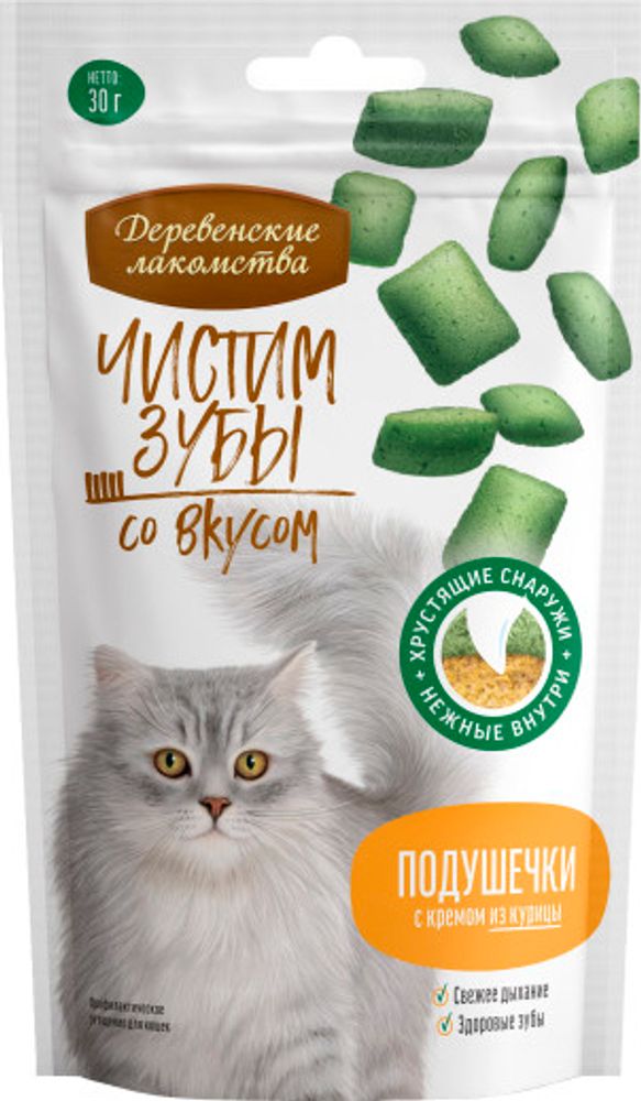 Лакомство Деревенские лакомства Чистим зубы для кошек, подушечки с кремом из курицы, 30 г